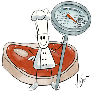 Picture of chef with steak and thermometer