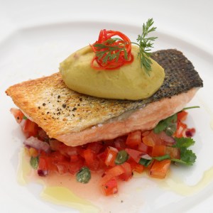 Picture of Crispy Skin Salmon with Avocado Mousse on Tomato and Caper Salsa