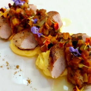 Image of Barkers Creek pork on creamy polenta with pumpkin ratatouille